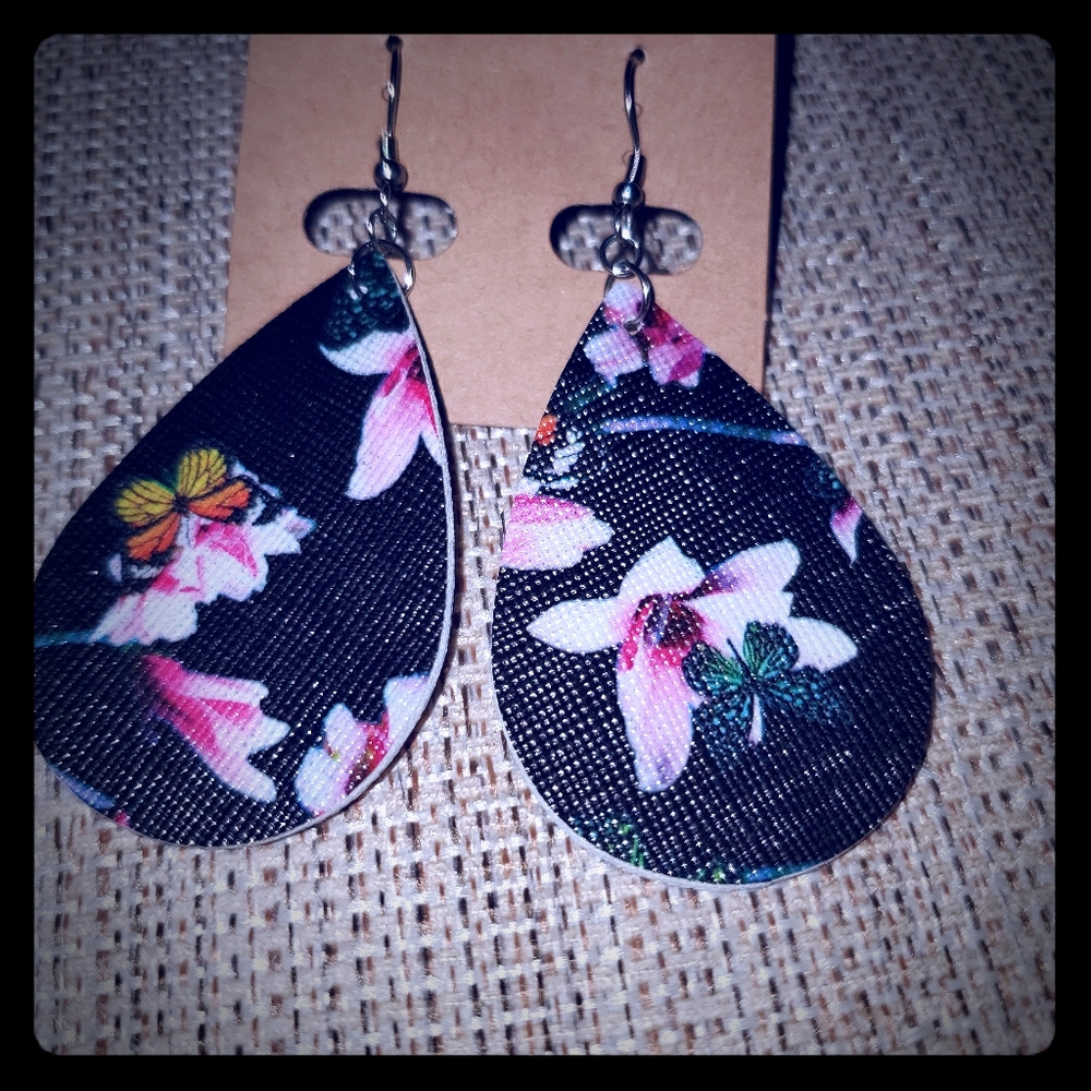 Black & floral  leatherlette earrings